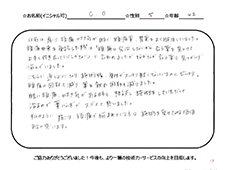 頭痛の回数も減り薬を飲む回数も減りました。酷い頭痛、吐き気がある時も、相談し施術をしていただくと治るので薬いらずでスゴイと思いました。